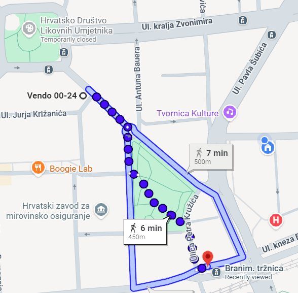 Karta pješačke rute od Vendo trgovine do tramvajskog stajališta Branimirova tržnica