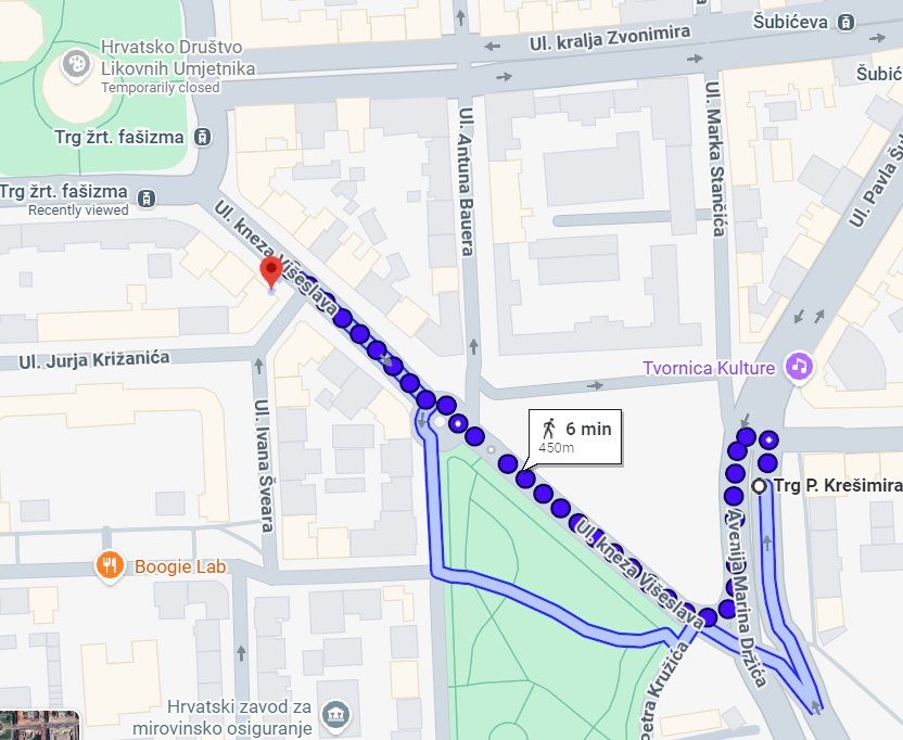 Karta pješačke rute od Vendo trgovine do tramvajskog stajališta Trg Petra Krešimira IV