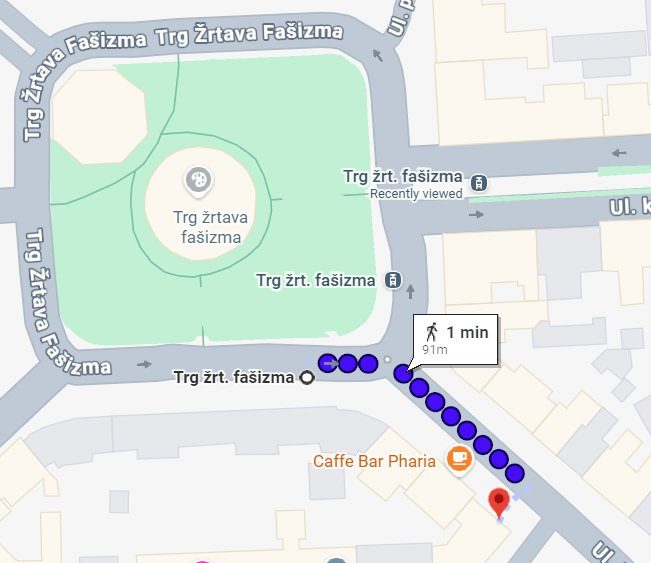 Karta pješačke rute od Vendo trgovine do tramvajskog stajališta Trg žrtava fašizma, istočni smjer