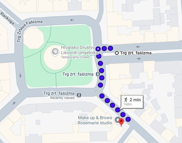 Karta pješačke rute od Vendo trgovine do tramvajskog stajališta Trg žrtava fašizma, zapadni smjer